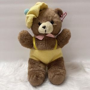 Vintage Dan Dee Brown Teddy Bear Plush Stuffed Animal 70's Yellow Overalls Beret